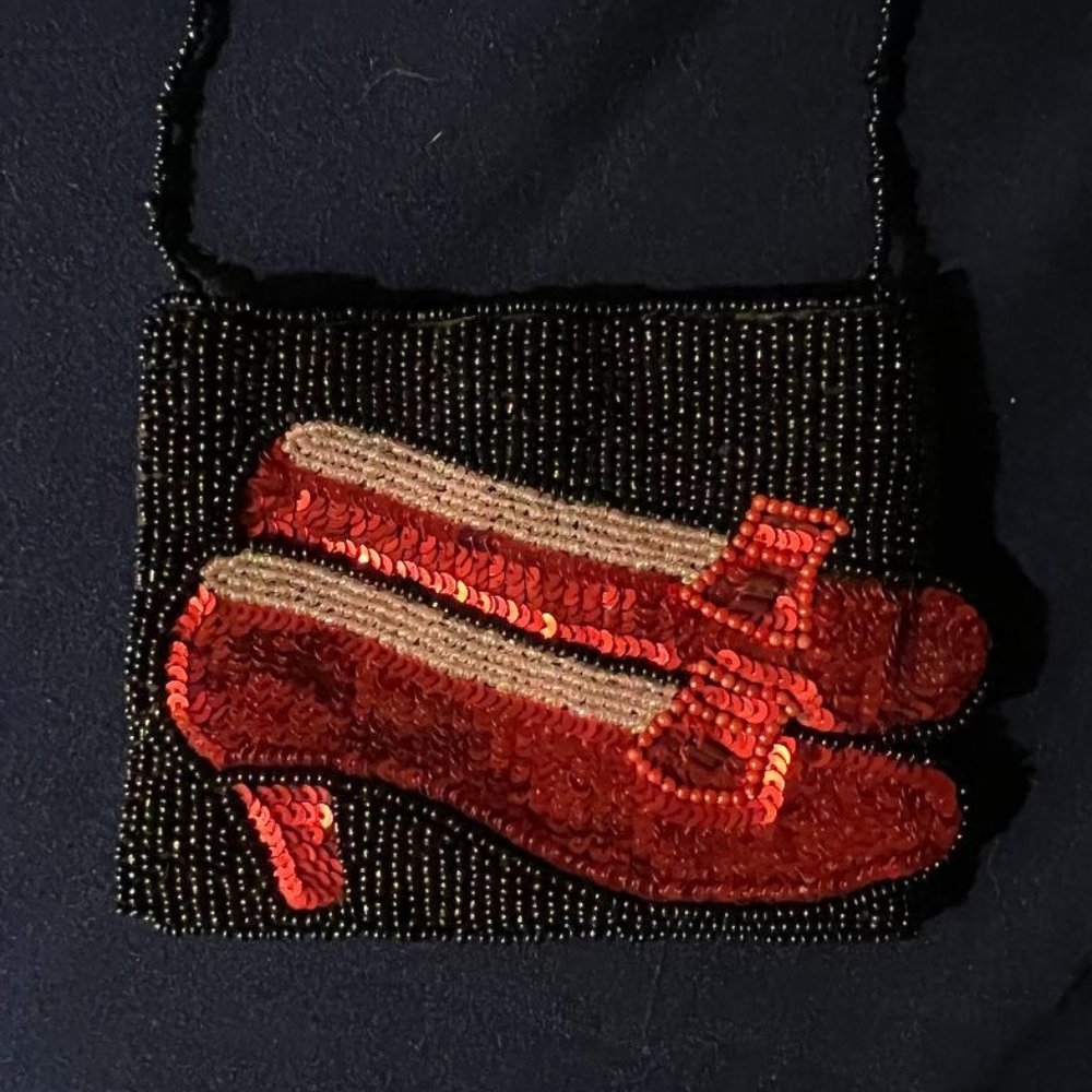 Tiny Black Beaded purse Red Shiny Sequined shoes on front satin back long strap